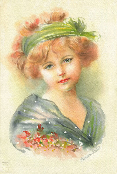 girl-with-a-green-bow <br> 7.4″ x 11″