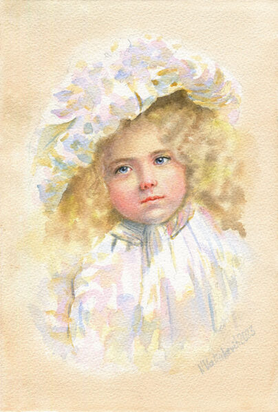 portrait-of-little-girl-in-frilly-hat<br> 7.4″ x 11″
